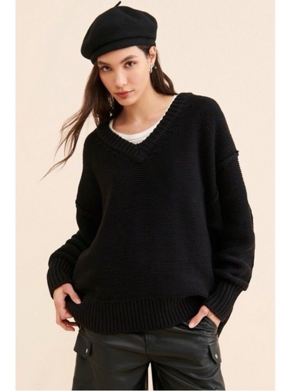 Free People ALLi SMALL Black V-Neck Chunky Oversized Sweater